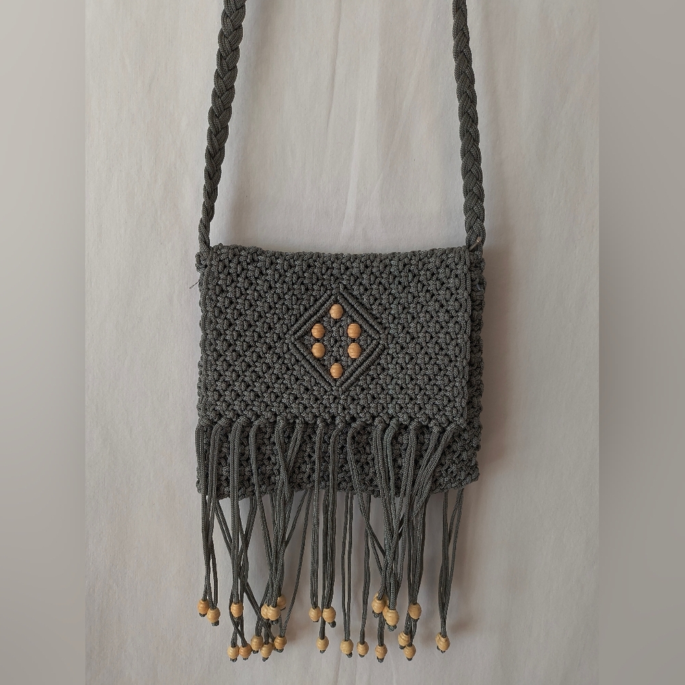 Elegant Gray Macrame Crossbody Bag